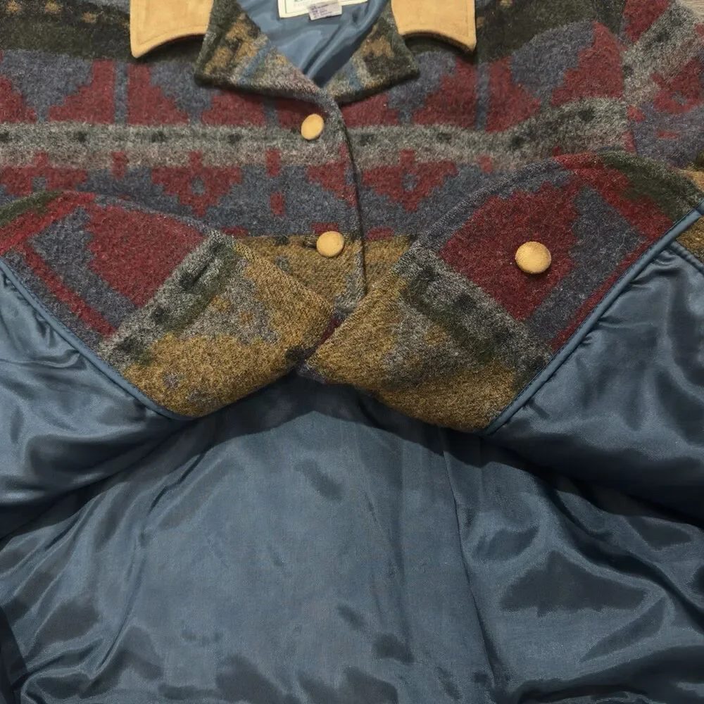 Vintage LL Bean Wool Aztec Barn Chore Jacket Southwestern L Suede Trim USA 90s - Picture 8 of 11